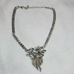 Vintage Silver-toned Necklace with Crystal Floral Design And Fringe